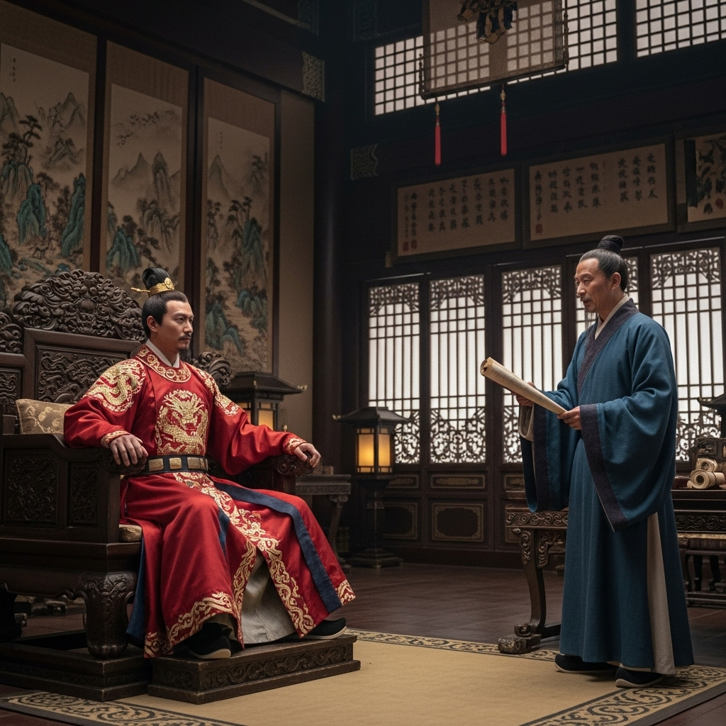 오십보백보 An ancient Chinese king in elaborate robes sits on a throne, looking thoughtful, while a wise old scholar (Mencius) stands before him, gesturing subtly with a scroll in hand, in a palace setting. The atmosphere is one of serious discussion.