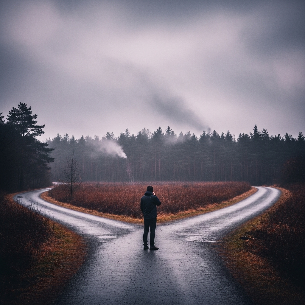 오십보백보 A person stands at a crossroads, looking at two paths that appear slightly different but both lead to a similar, hazy destination. The scene suggests introspection and decision-making, with a subtle philosophical tone.
