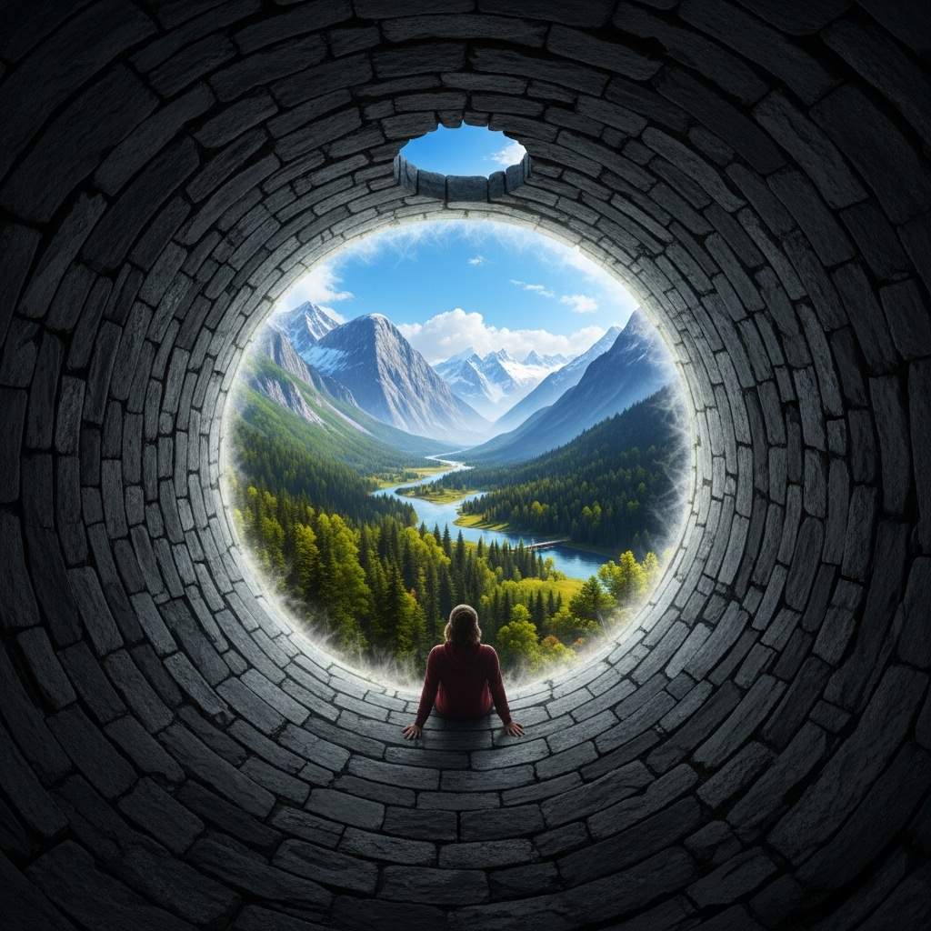 좌정관천 A person is sitting in a deep, old stone well, looking up at a small, circular patch of blue sky. However, through a magical shimmering effect around the well's edge, a vast, vibrant landscape with mountains, forests, and a wide-open sky is faintly visible, suggesting a world beyond the well. The person's expression is one of slight wonder and curiosity.