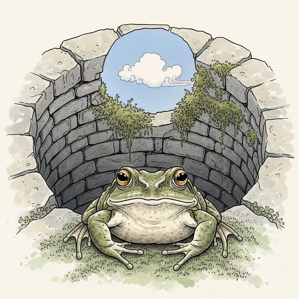 좌정관천 An ancient, wise-looking frog with large, contemplative eyes is sitting calmly at the bottom of a traditional, moss-covered stone well. Above it, a tiny, perfectly circular patch of blue sky with a single cloud is visible. The frog seems deep in thought, unaware of the vastness outside the well. The style is classic East Asian painting.