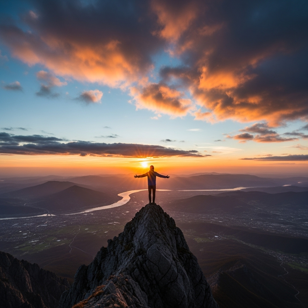 좌정관천 A person's silhouette stands on a very high mountain peak, arms slightly outstretched, gazing at a vast and breathtaking landscape below. The sun is rising or setting, casting beautiful warm light across rolling hills, distant cities, and a wide-open sky with soft clouds. The scene conveys a sense of wonder, freedom, and an expansive view.