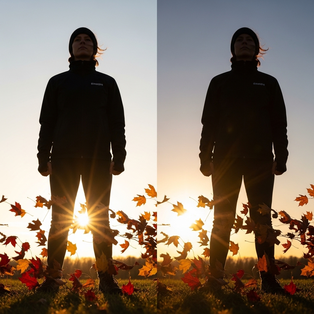 염량세태 A person standing firm against changing winds, representing resilience in the face of fickle human nature, with autumn leaves (representing 'coolness') and a bright sun (representing 'warmth') in the background, subtly illustrating the duality of 'yeomnyangsetae'. No text in image.