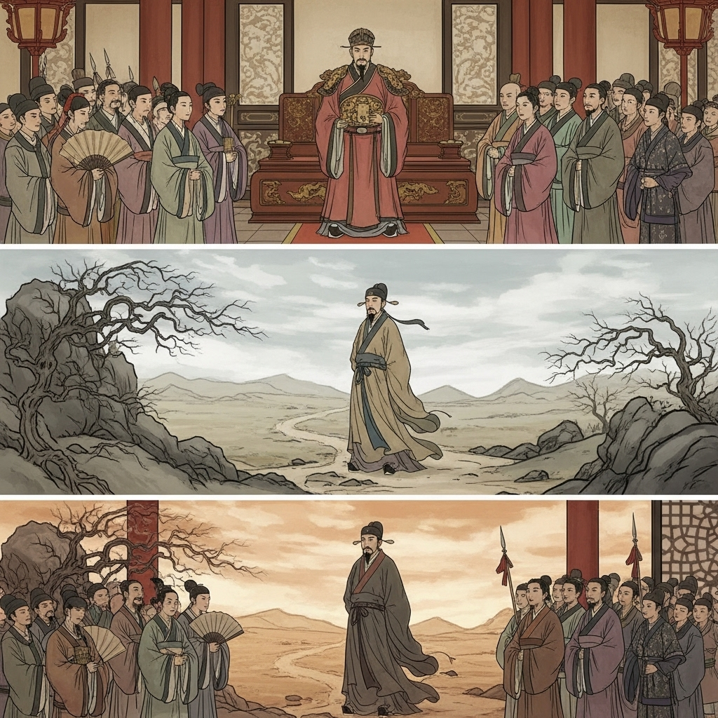 염량세태 An ancient Chinese official (Meng Changjun) surrounded by many people, then the same official standing alone in a desolate place, then again surrounded by people, symbolizing the ebb and flow of support due to power. Historical painting style, no text.