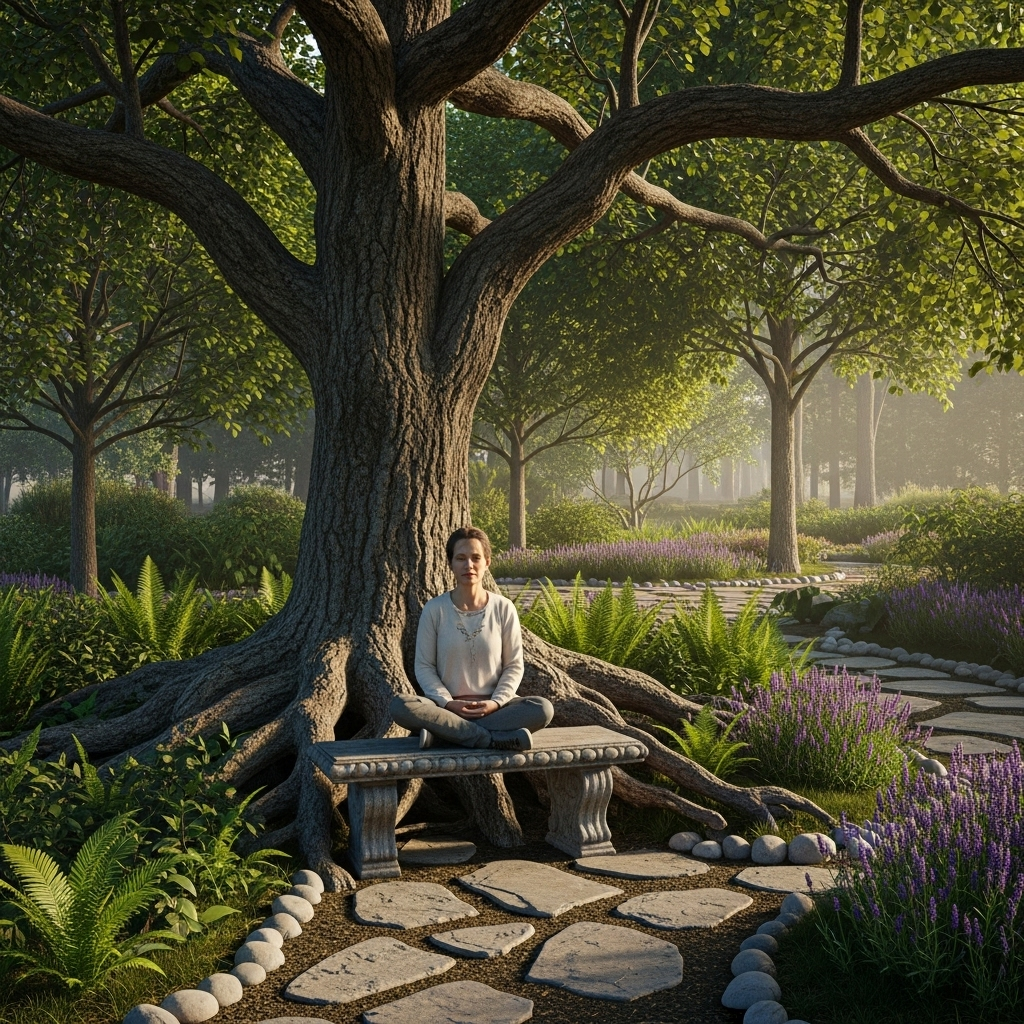 염량세태 A serene person meditating in a peaceful garden, surrounded by strong, healthy trees, symbolizing inner peace and resilience amidst life's changes. The lighting is calm and reassuring. No text.