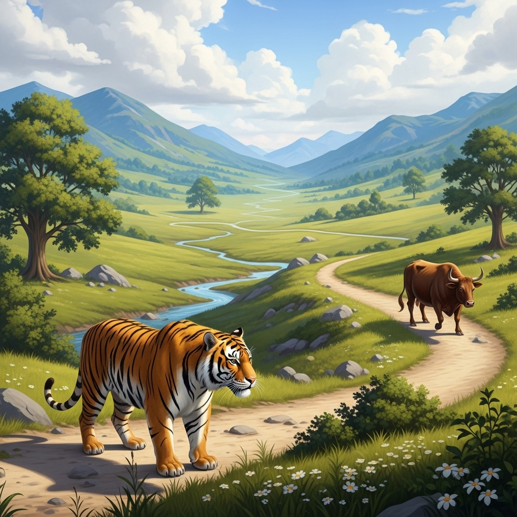 호시우행 A majestic tiger with sharp, focused eyes looking intently at something in the distance, while a calm, strong ox walks slowly and steadily on a winding path. The background is a serene, natural landscape with a sense of peace and determination.