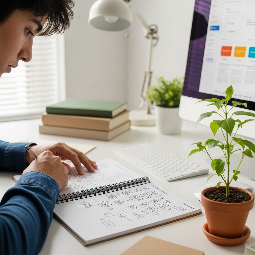 호시우행 A person meticulously planning their goals on a notebook, with a small, sturdy plant growing slowly but surely in the foreground. The background shows a calm, organized desk setup.