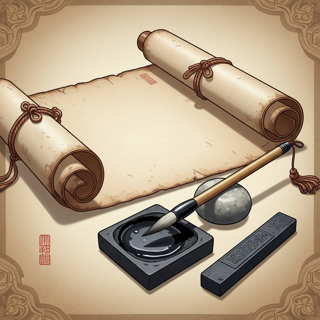 삼순구식 An ancient scroll with a brush and ink, symbolizing wisdom and old sayings, with a subtle background of traditional Korean or Chinese patterns. No text.