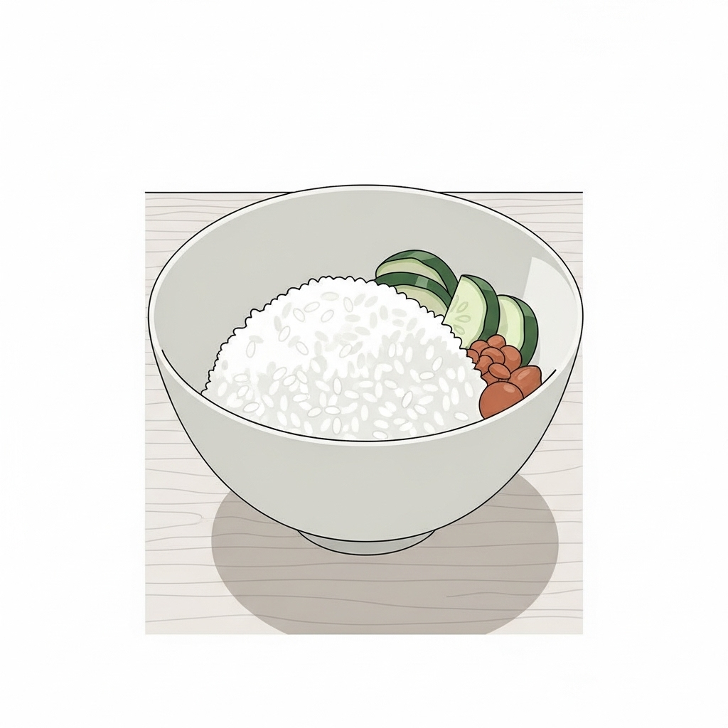 삼순구식 A minimalistic illustration of a simple meal, maybe a single bowl of rice and a few vegetables, with a humble and serene atmosphere. No text.