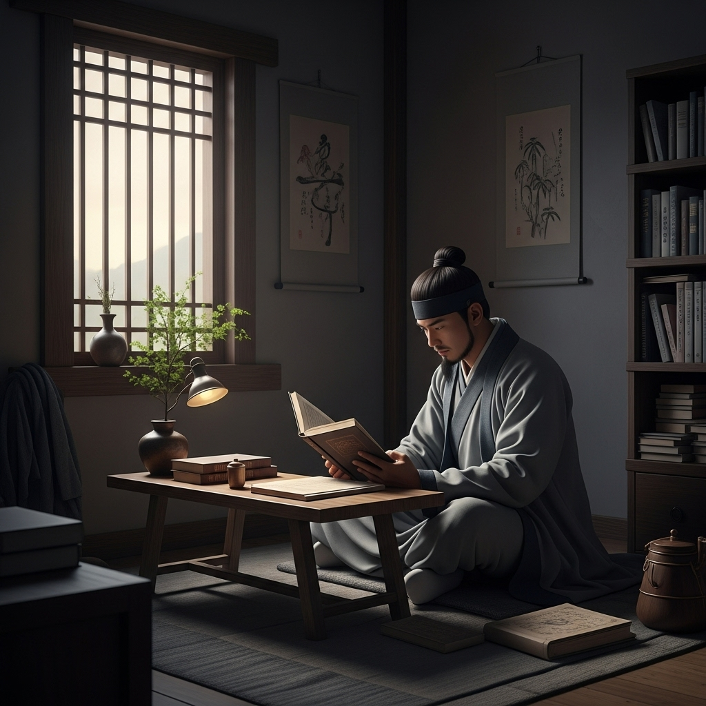 삼순구식 A scholar in traditional Asian attire, sitting in a humble room, focused on reading a book, with sparse surroundings. No text.