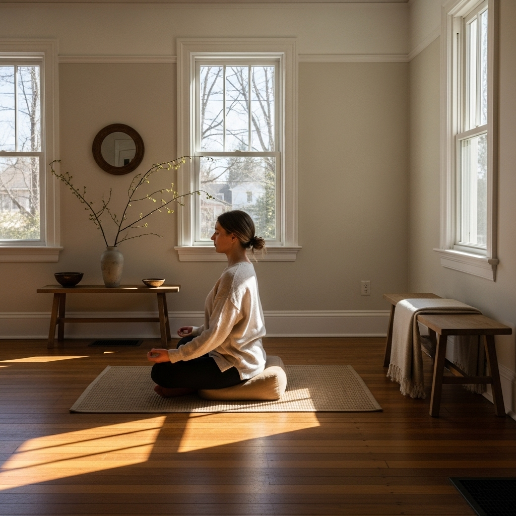 삼순구식 A person meditating in a clean, uncluttered room, bathed in soft light, symbolizing minimalism and inner peace. No text.