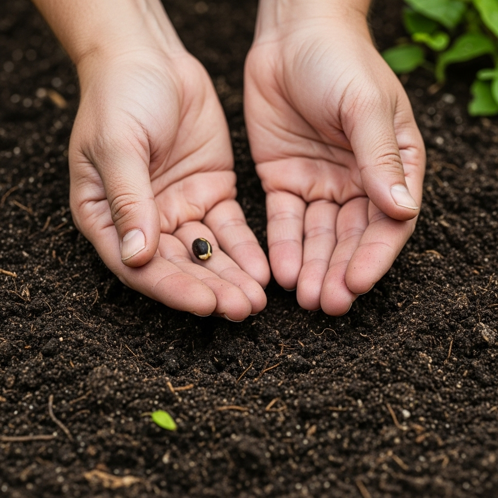 삼순구식 A person's hand holding a small seed, about to plant it in fertile soil, symbolizing growth, new beginnings, and simple actions. No text.