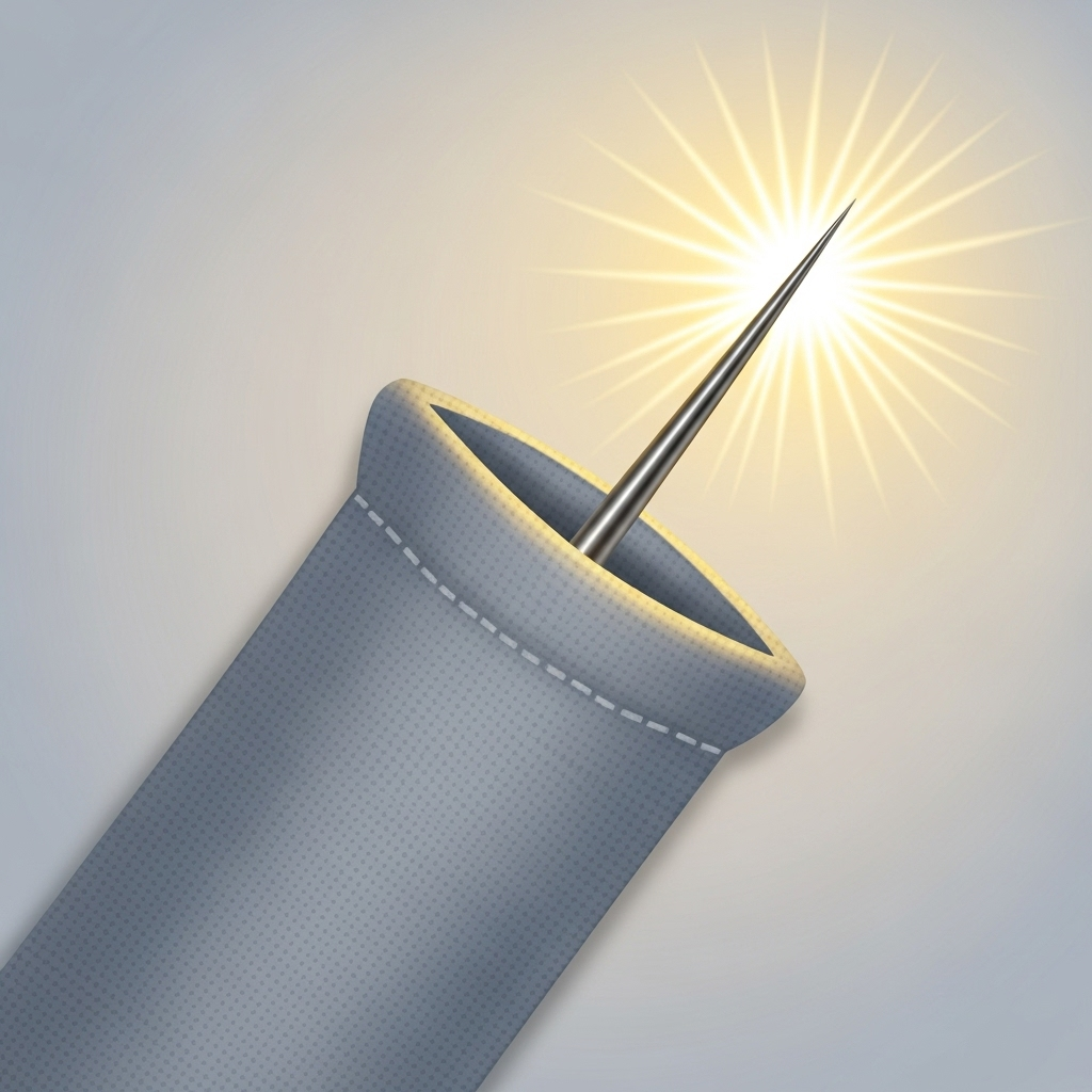 낭중지추 A simple, abstract illustration of a sharp metal awl poking out from a simple fabric pouch, with light radiating from the tip. No text on the image.