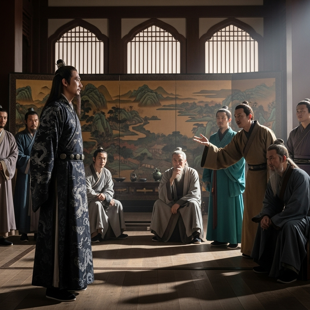 낭중지추 An ancient Chinese noble standing in front of a group of scholars, one of whom is gesturing confidently. The scene depicts an important discussion in a grand hall. No text on the image.