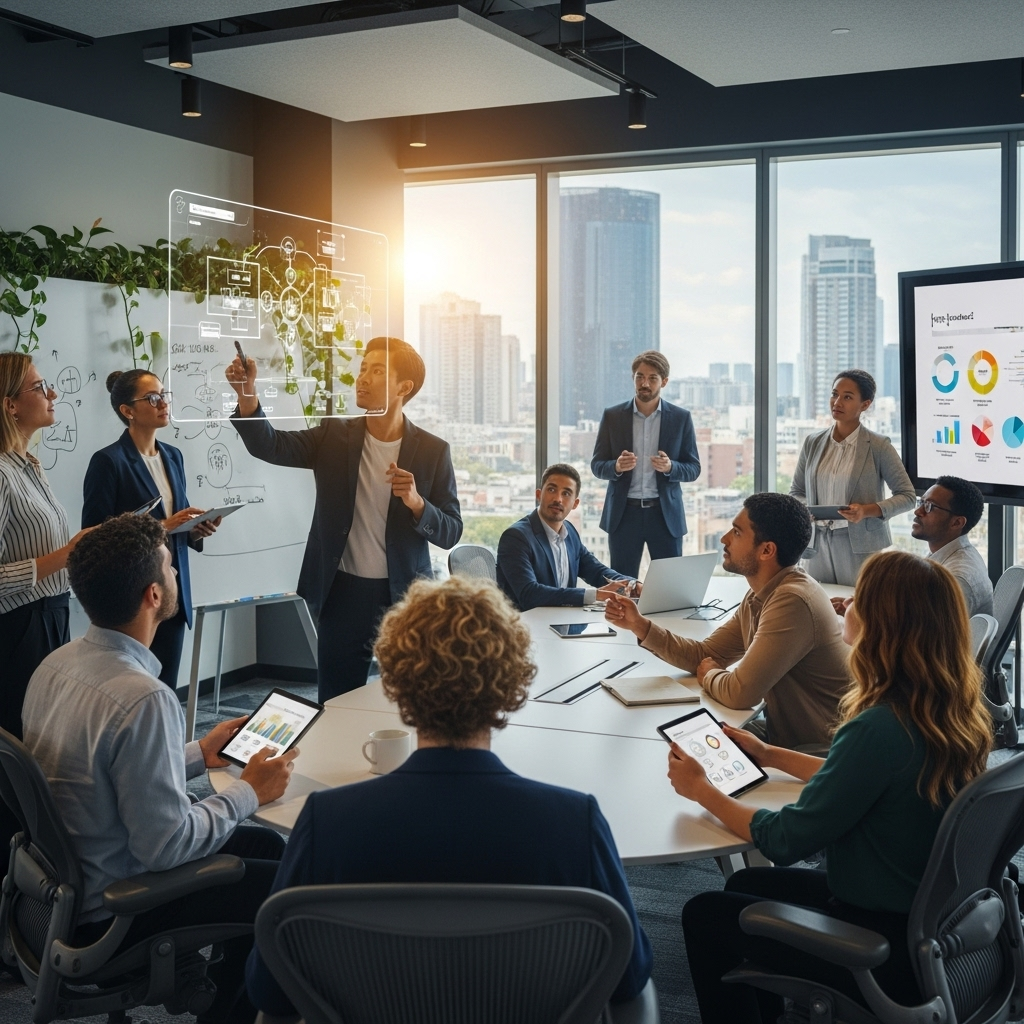 낭중지추 A diverse group of people in a modern office setting, some brainstorming, some presenting, all looking engaged and confident. Bright light emanates from one person in the center, symbolizing their talent. No text on the image.