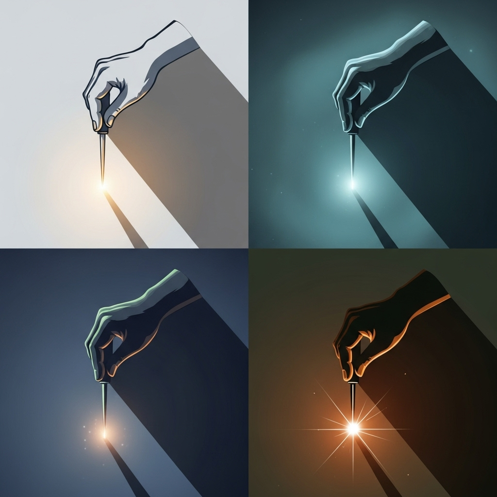 낭중지추 A stylized hand holding a glowing awl, casting a long, bright shadow, symbolizing talent and impact. The background is a subtle gradient. No text on the image.