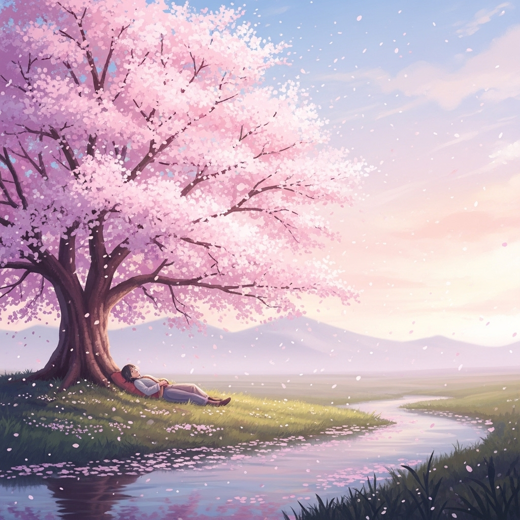 일장춘몽 A serene, dreamlike scene with soft colors, maybe a person peacefully sleeping under a blooming cherry tree, with cherry blossoms gently falling. The overall mood is tranquil and ephemeral, conveying a sense of fleeting beauty.