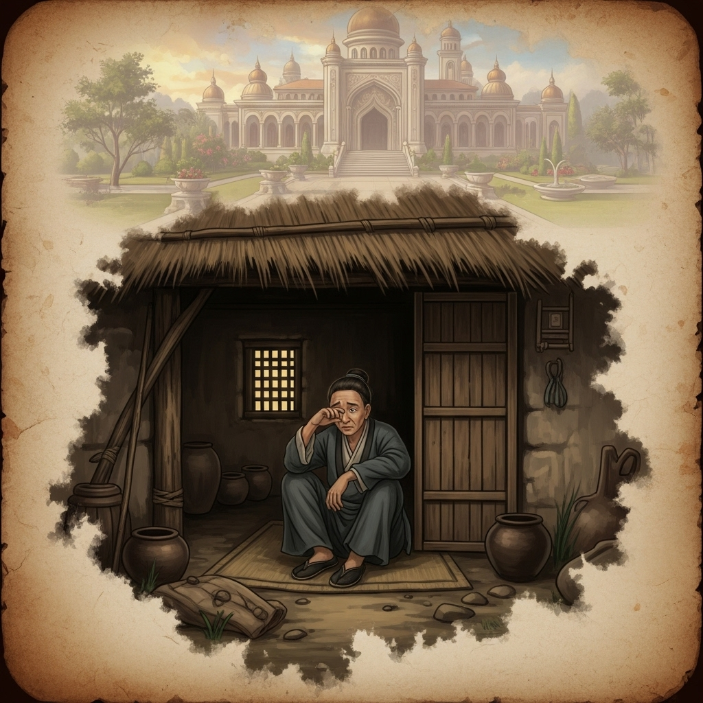 일장춘몽 An ancient scroll depicting a person waking up from a dream in a humble hut, with a faint, luxurious palace disappearing in the background as if it was a dream. The person looks a bit bewildered but also reflective.