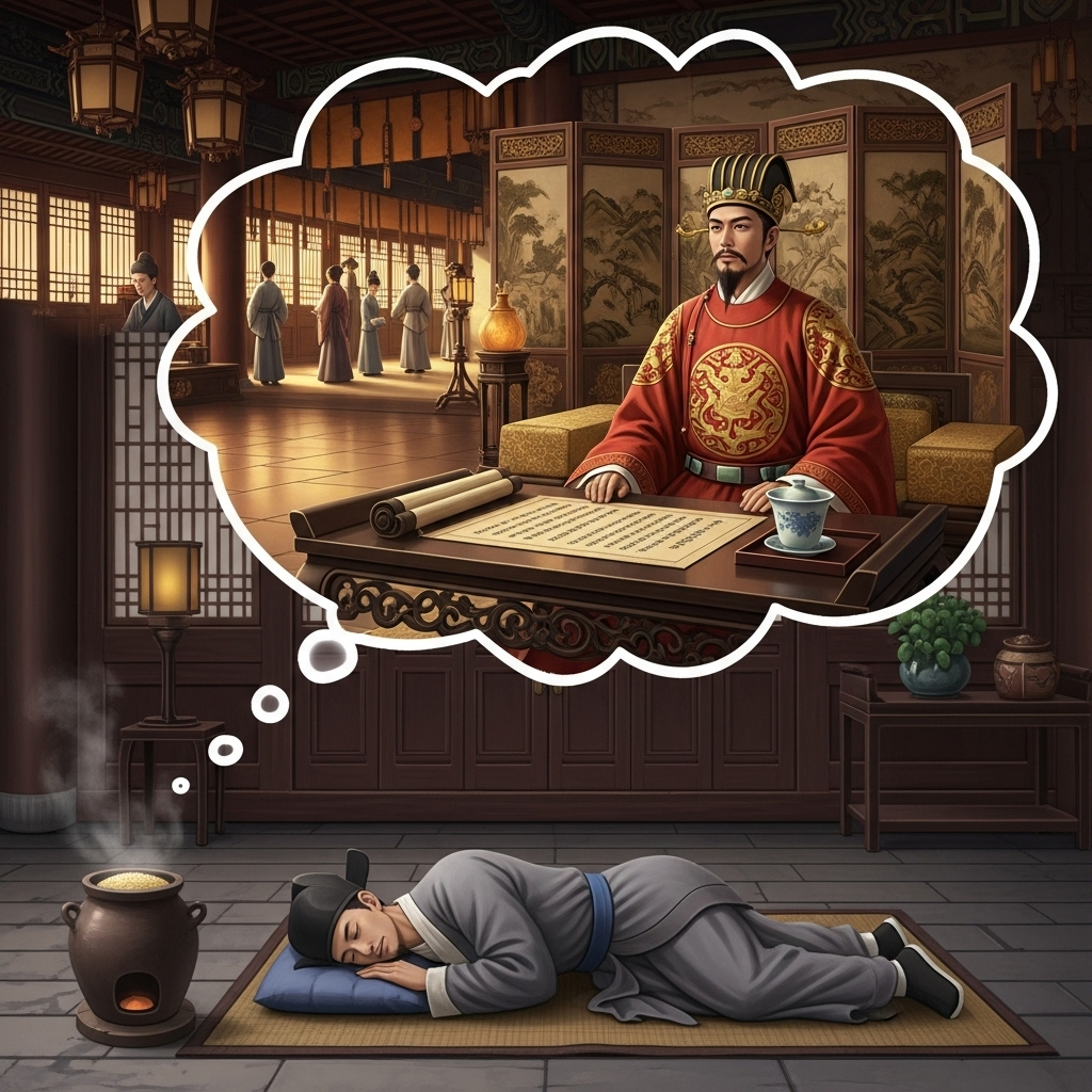 일장춘몽 A Chinese scholar in ancient robes, sleeping on a mat, with a small pot of millet cooking over a fire. Above his head, a dream bubble shows him as a high-ranking official in a grand palace, surrounded by luxury and power.