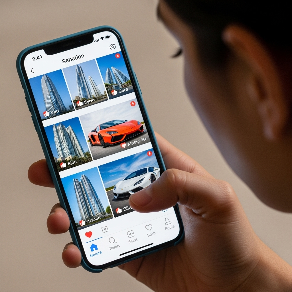 일장춘몽 A modern person, perhaps a young professional, looking at a smartphone screen that displays images of luxurious cars, high-rise buildings, and social media likes, with a slightly wistful or thoughtful expression, reflecting on the transient nature of these desires.