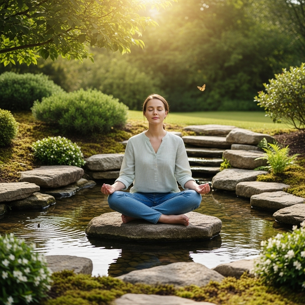 일장춘몽 A person meditating in a peaceful garden, surrounded by simple beauty like a small pond, rocks, and a few green plants. The person looks calm and content, embodying a sense of inner peace and appreciation for the present.