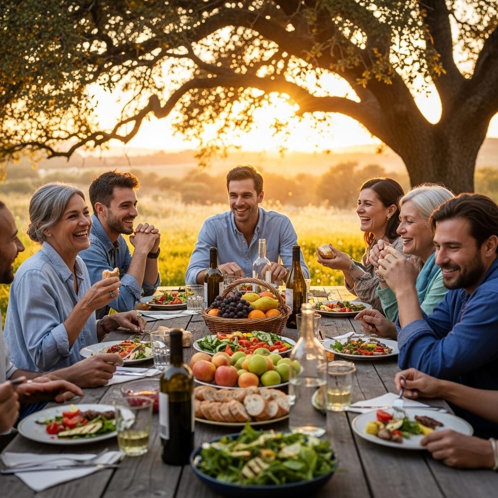 일장춘몽 A diverse group of people from different ages and backgrounds laughing and sharing a meal together at an outdoor table, bathed in warm, natural light, symbolizing connection, shared joy, and appreciation for simple moments.