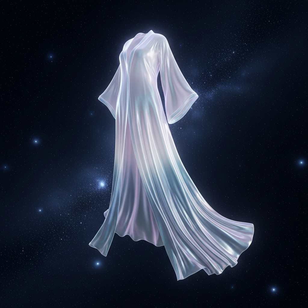 천의무봉 A beautifully rendered, ethereal silk robe floating gently in a clear, starry night sky. The robe should appear seamless and perfect, with no visible stitches or flaws. The style should be dreamlike and elegant, with soft, glowing light, no visible text.