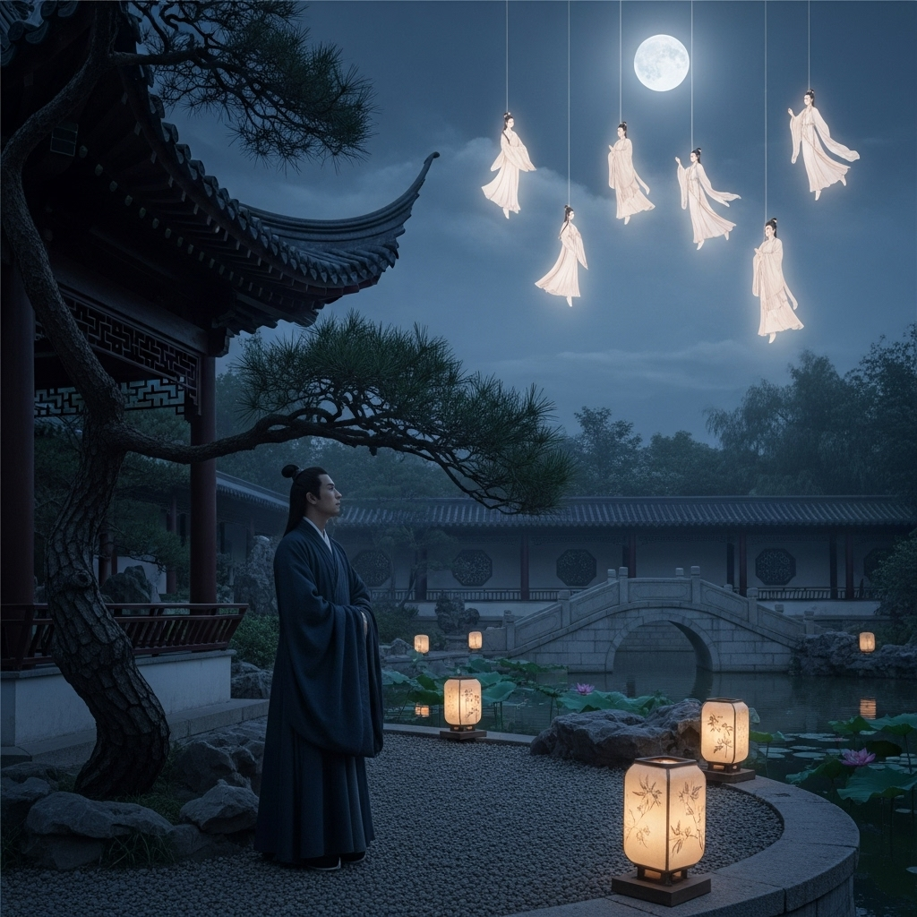 천의무봉 A serene, ancient Chinese garden at night, with a scholarly figure (Guo Han) looking up at seven graceful, glowing female figures descending from the sky. The figures are ethereal and dressed in flowing, seamless robes, reflecting the legend. Traditional Chinese architecture and soft moonlight illuminate the scene, no visible text.