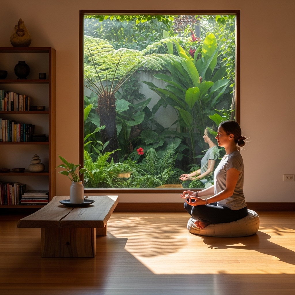 천의무봉 A person meditating peacefully in a minimalist, sunlit room with natural wooden furniture and a large window looking out onto a lush, green garden. The scene exudes tranquility and simple elegance, representing a harmonious and complete lifestyle. No visible text.
