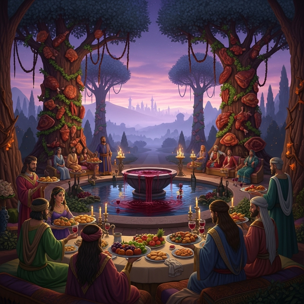 주지육림 A luxurious ancient feast scene with a pool of wine and trees adorned with meat, but with a subtle hint of impending disaster or emptiness in the background. No visible text. Focus on rich colors and ancient attire.
