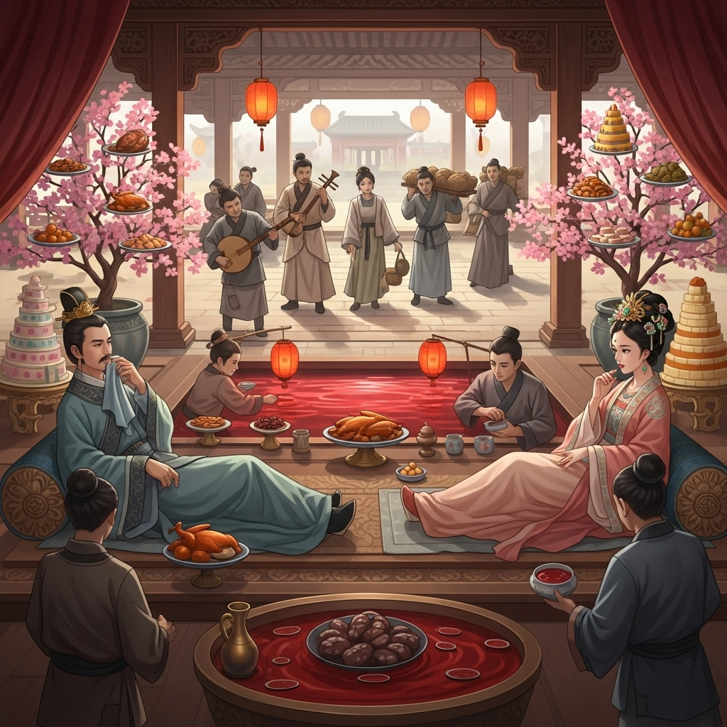주지육림 An ancient Chinese emperor and empress, looking self-indulgent, watching a lavish feast with a large wine pool and trees decorated with food. The surrounding common people in the background look sad and weary. No visible text.