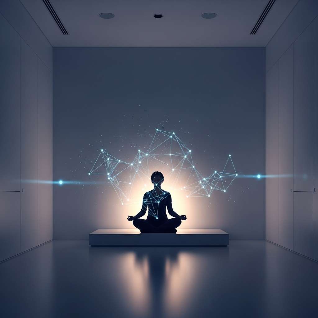 주지육림 A person meditating peacefully in a minimalist, modern setting, surrounded by subtle glowing digital elements, symbolizing balance and mindfulness in a digital age. No visible text.