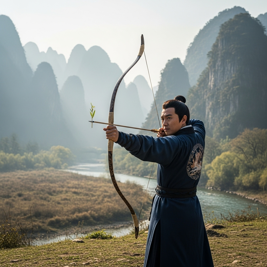 백발백중 An ancient Chinese archer, Yang Youji, stands confidently with a bow. In the distance, a small willow leaf is visible on a tree, being precisely hit by an arrow. The scene is set in a historical, serene landscape with mountains.