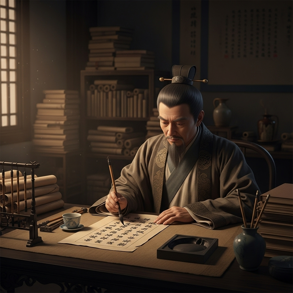 춘추필법 An ancient Chinese scholar with a long beard, wearing traditional robes, intensely writing on bamboo slips with a brush. The background shows a dimly lit study with scrolls and old books. The atmosphere is solemn and focused. No text on the image.