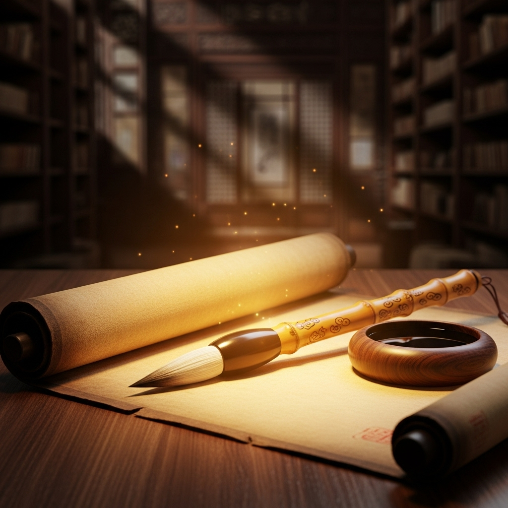 춘추필법 A highly stylized, traditional Chinese brush and inkwell resting on an ancient scroll, with subtle, ethereal light illuminating them. The background is a soft, blurred ancient library. No text on the image.