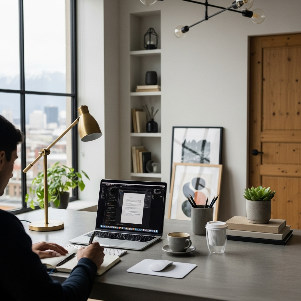 춘추필법 A modern person with a thoughtful expression is writing in a sleek notebook at a desk. On the desk, there is a laptop and a cup of coffee. The setting is a bright, minimalist office or study. No text on the image.