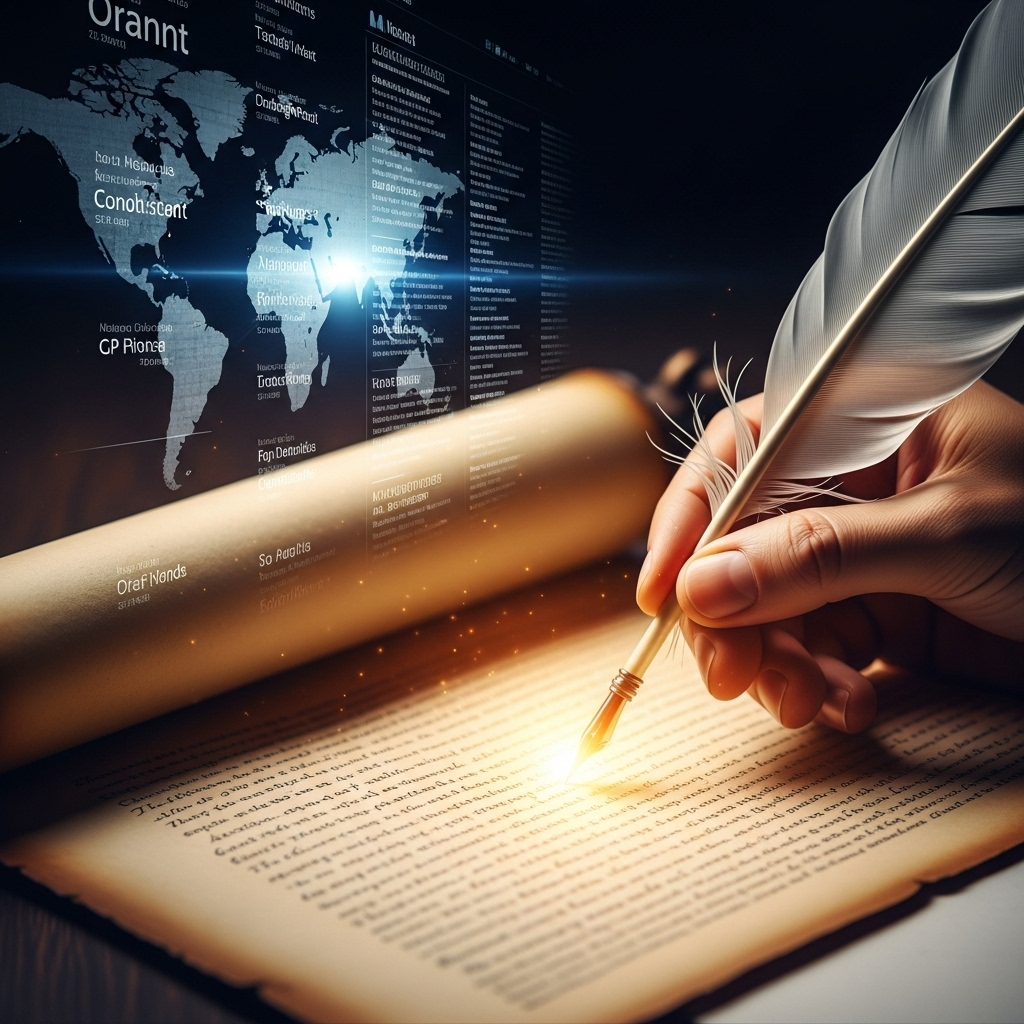 동호지필 A stylized quill pen writing on an ancient scroll, glowing with a soft, ethereal light. The pen is held by an unseen hand. In the background, modern news headlines subtly blend into a digital interface, symbolizing the bridge between ancient wisdom and contemporary media. The overall tone is serious yet hopeful.