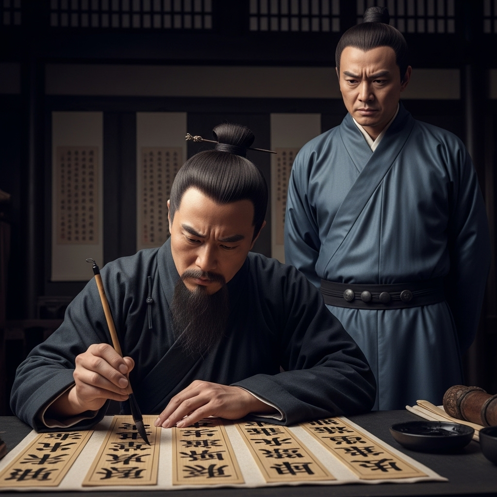 동호지필 An ancient Chinese historian, Dong Hu, with a serious and determined expression, holding a brush pen (pil) and writing on bamboo slips. A powerful, robed figure (Duke Ling or Zhao Dun) stands in the background, looking on with a mixture of anger and apprehension. The scene emphasizes the historian's integrity.