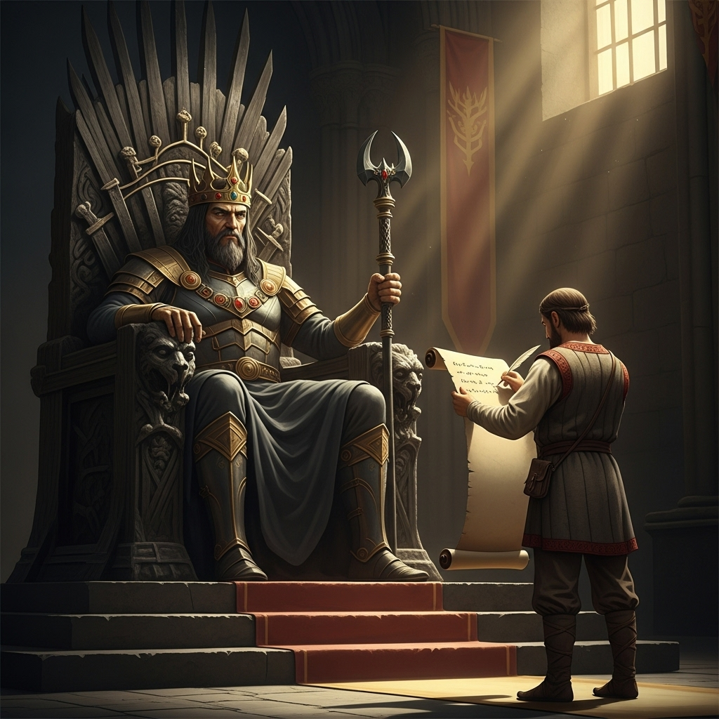 동호지필 A powerful, ancient king on a throne, looking imperious. In front of him, a lone historian stands, calmly writing on a scroll, seemingly unaffected by the king's presence. The scene highlights courage in the face of authority. Soft, natural light illuminates the historian's face.