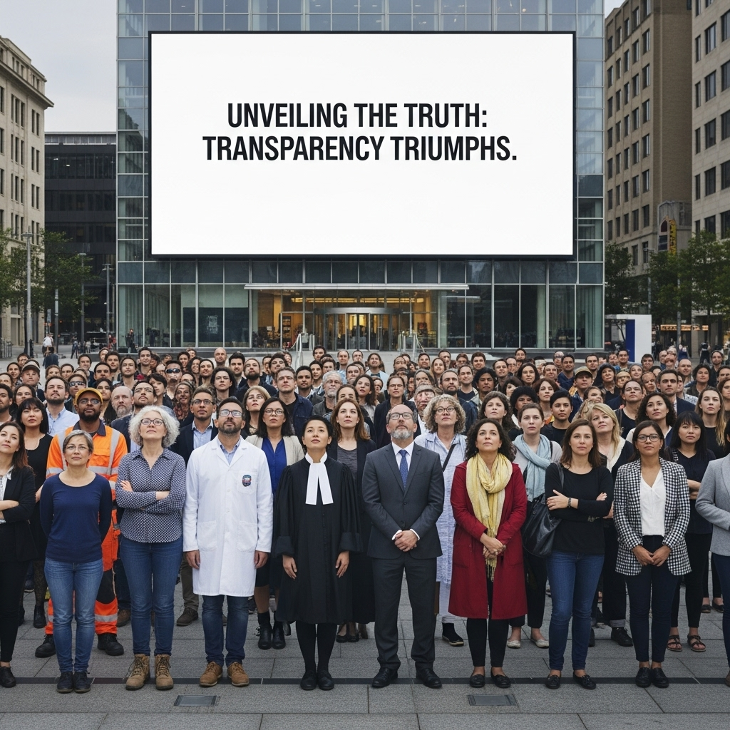 동호지필 A diverse group of people from different backgrounds, standing together, looking up at a giant digital screen that displays a bold, truthful headline. The people's faces show understanding and empowerment, representing the informed public. The setting is a modern city square.