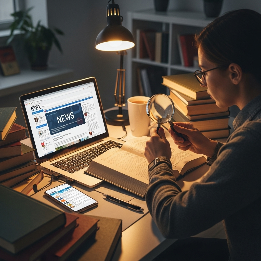 동호지필 A person sitting at a desk, surrounded by various sources of information like books, a laptop displaying news, and a smartphone. They are thoughtfully sifting through the information, perhaps with a magnifying glass or a look of critical analysis. The atmosphere is calm and focused.