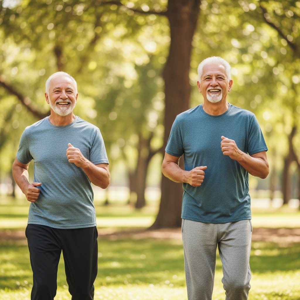 무병장수 A vibrant, healthy older couple smiling and exercising together in a bright park, surrounded by lush greenery and sunlight. The image should convey vitality and happiness.