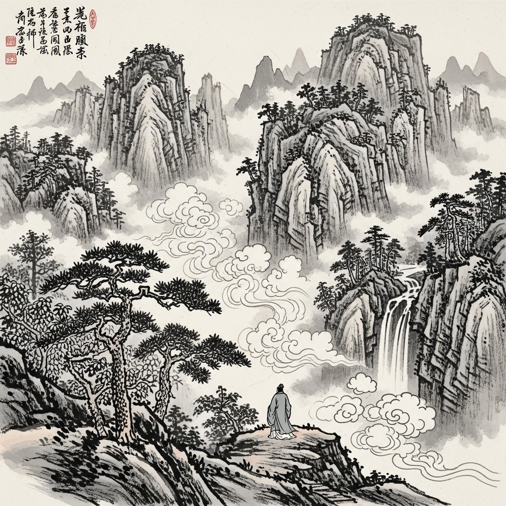 무병장수 An ancient Chinese scroll depicting a mythical scene with mountains, clouds, and a figure searching for an elixir of life, rendered in a traditional ink wash painting style.