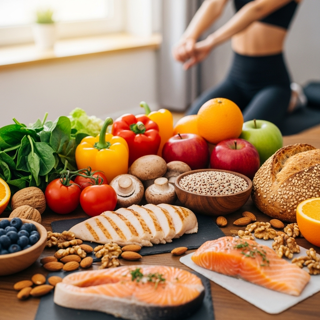무병장수 A neatly arranged collection of fresh, colorful vegetables, fruits, whole grains, and lean protein on a wooden table, emphasizing healthy eating. In the background, a person is doing light stretches.