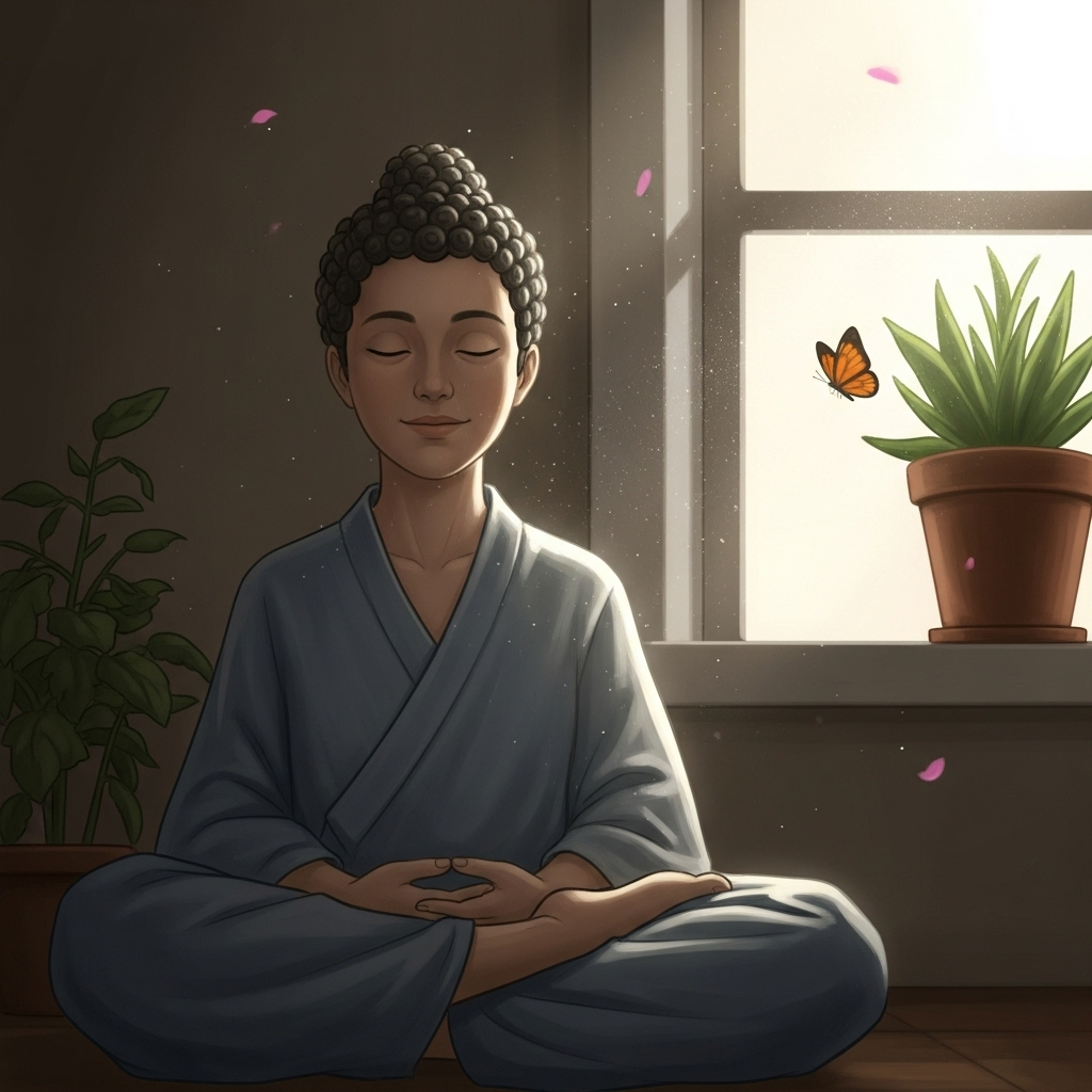 무병장수 A serene person meditating in a quiet, sunlit room, with soft, warm colors. The person appears calm and at peace.
