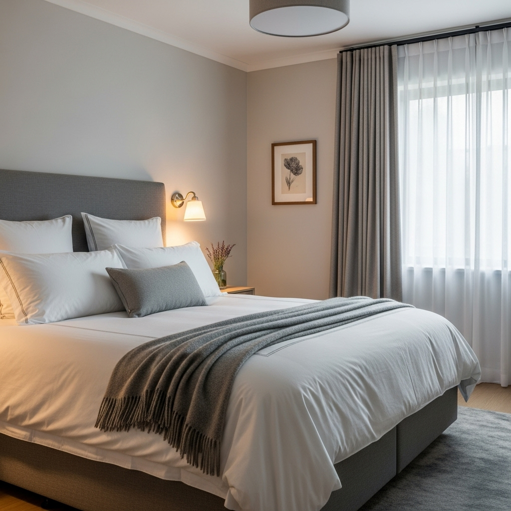 무병장수 A cozy, inviting bedroom with soft lighting, a comfortable bed, and a peaceful atmosphere, suggesting a good night's sleep.