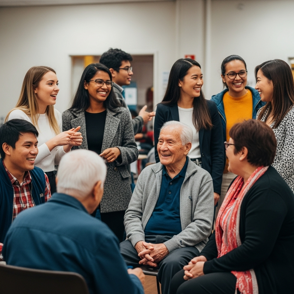 무병장수 A diverse group of cheerful people of various ages laughing and interacting warmly in a community gathering, suggesting strong social bonds.