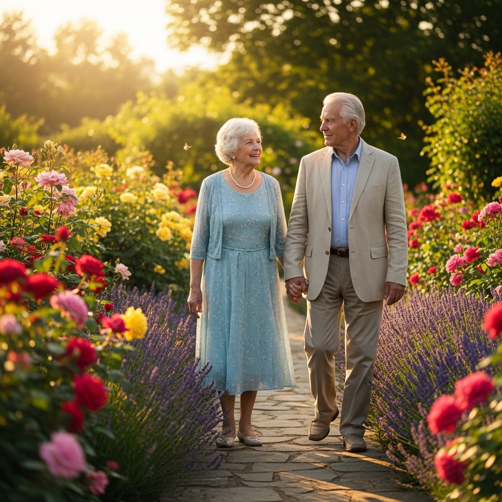 백년해로 A happy elderly couple holding hands and smiling as they walk through a beautiful, sunlit garden, showing warmth and longevity in their relationship, with no text.