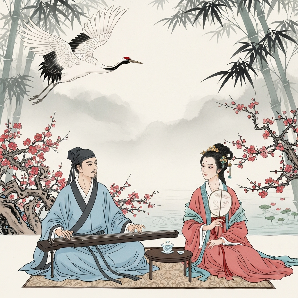 백년해로 An ancient Chinese scroll with delicate brushstrokes, depicting a scene of a couple, perhaps in a garden or by a stream, symbolizing a long-lasting relationship, with no text.
