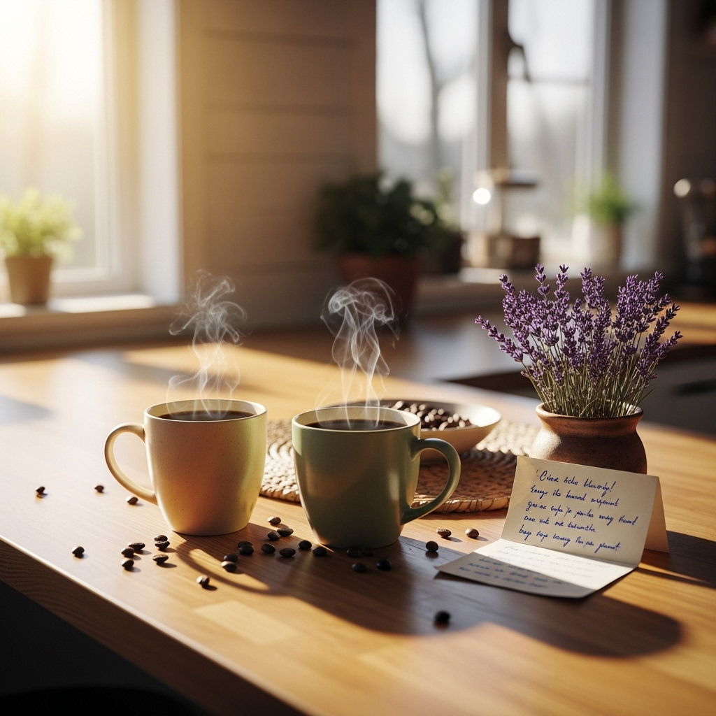 백년해로 A beautifully arranged, cozy kitchen counter with two mugs of coffee and a small, handwritten note, suggesting a warm and appreciative morning ritual for a couple, with no text.