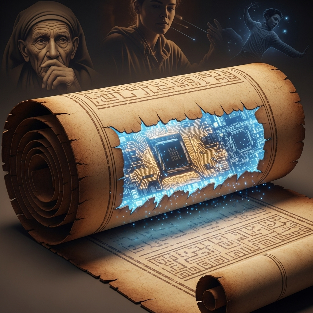 A highly detailed, realistic illustration of an ancient scroll unrolling to reveal a futuristic, glowing circuit board, symbolizing the blend of ancient dreams of immortality and modern scientific pursuit. In the background, faint images of a wise old man and a young, vibrant person are subtly blended. The colors are muted, with hints of gold and electric blue. No text on the image.